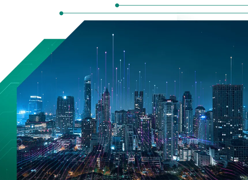 City skyline with digital infrastructure overlays representing innovation in smart utility and IoT systems
